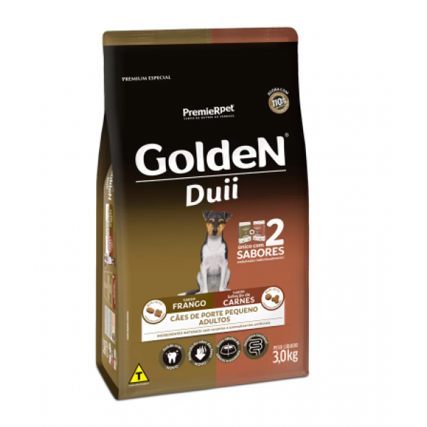 Ração Golden Duii Mini Bits para Cães Adultos de Porte Pequeno Sabor Frango e Seleção de Carnes - 3kg