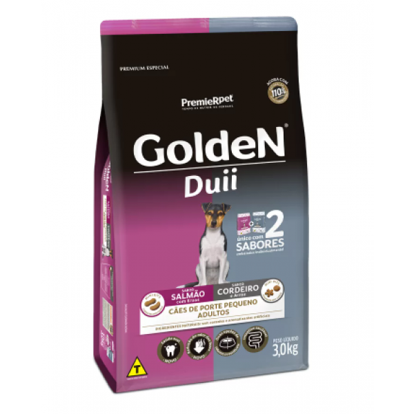 Ração Golden Duii Mini Bits para Cães Adultos de Porte Pequeno Sabor Salmão com Ervas e Cordeiro com Arroz - 3kg