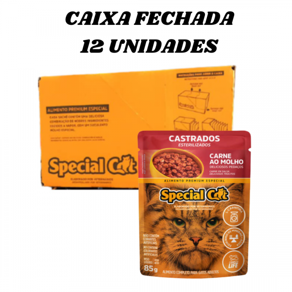 12 unidades Sache alimento úmido gatos Premium super saudável sachê special cat Castrados Carne