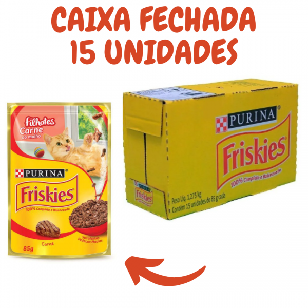 Sachê Friskies Filhotes carne  85g caixa fechada com 15 Unidades